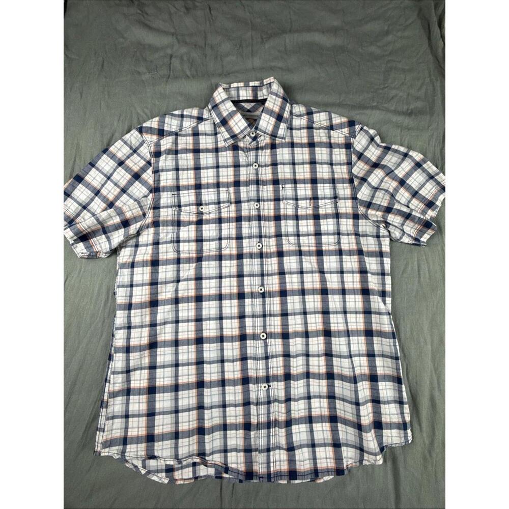 James Campbell Button Up Shirt Men's Large L Blue Orange Plaid Cotton Casual